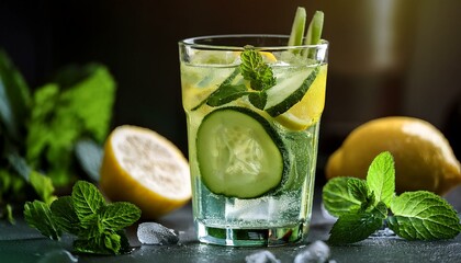 Fototapeta premium Refreshing cucumber lemonade with ice, mint, and lemon slices in a glass, served on a dark rustic background.