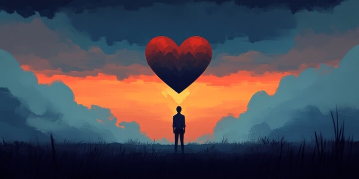 Silhouette figure, heart balloon, sunset landscape