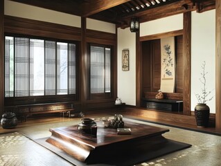 Interior of a traditional asian style room with wooden decor