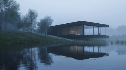 Fototapeta premium A minimalist modern house with glass walls overlooking a serene lake digital