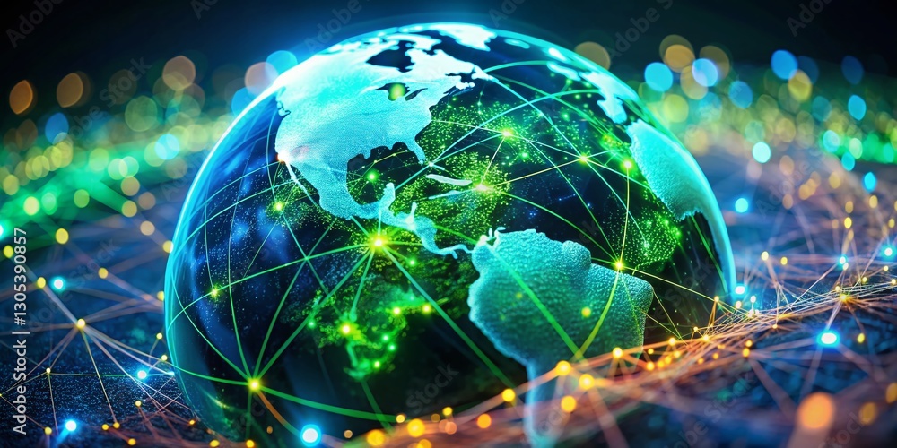 Poster global network technology: glowing digital globe with tilt-shift effect