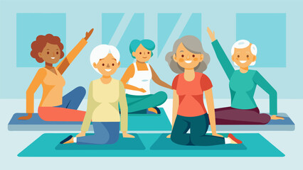Seniors in a nursing home come together for a theutic pilates session gently easing stiff muscles and promoting relaxation and improved circulation.. Vector illustration