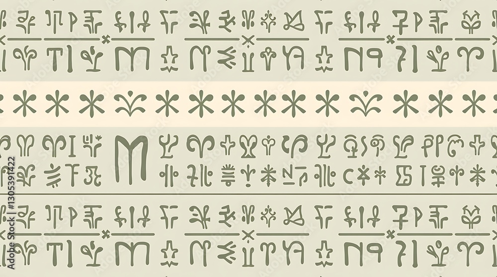 Poster ancient symbols: abstract pattern featuring intricate, stylized symbols and glyphs in a repeating de
