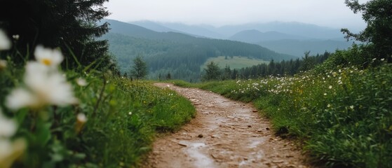 A muddy path leads through a lush, green landscape with distant mountains, inviting thoughts of adventure, exploration, and untamed beauty.