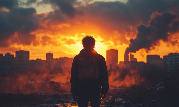 Individual gazes at sunset over an urban landscape filled with smoke - Powered by Adobe