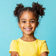A joyful Afro American girl smiling, styled in a commercial photography setting with a plain pastel background, showcasing youthful innocence and charm, perfect for advertising purposes