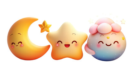 Cute cartoon characters of a smiling moon, star, and cloud, set against a cheerful night sky