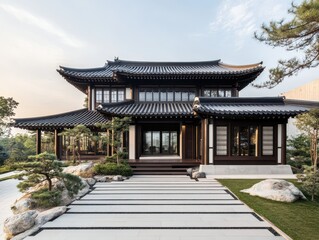Fototapeta premium A large traditional house in Asian architectural style surrounded by greenery