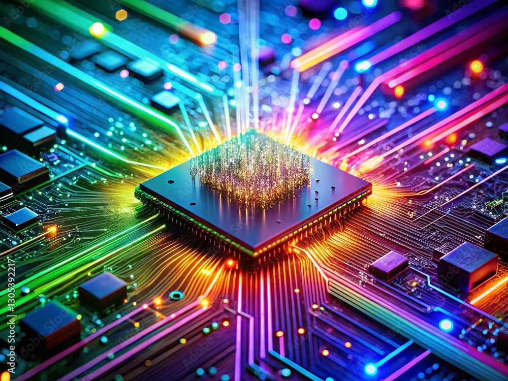 Poster glowing colorful data streams emerging from central chip on circuit board - drone photography close-