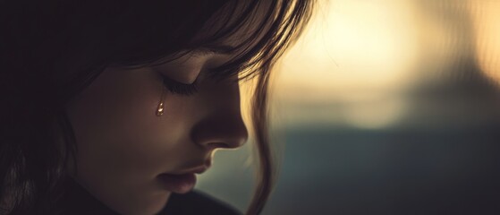 A tear glistens on a woman's cheek as she gazes down, capturing a raw, emotional moment of introspection and quiet sadness.
