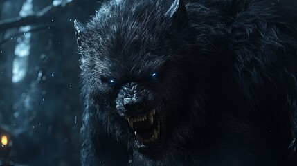A shadowy and fearsome figure dominates the scene — the main villain, a terrifying black werewolf