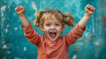 Joyful child celebrating in front of a vibrant textured wall while expressing excitement and happiness outdoors
