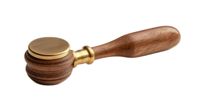 Elegant Wooden Gavel with Brass Accents, Perfect for Courtroom or Meeting Room Use, Symbol of Justice and Authority in Legal Settings