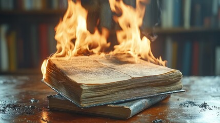Burning book on table, library fire