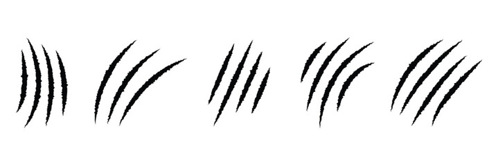 Claw mark vector silhouette set. Claws beast ripped marks. Hand drawing claw marks isolated on white background. Claw tracks, Nails scratches.