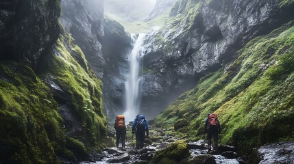 Hikers explore a misty mountain gorge with a waterfall.