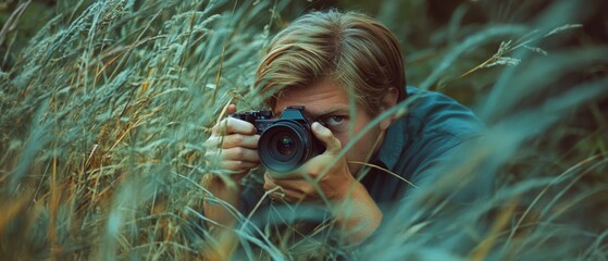 A focused photographer in tall grass, capturing the perfect shot with determination and creativity, embodying passion for the art.