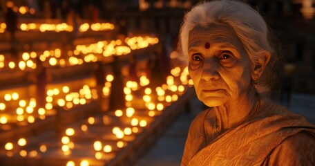 Senior woman's serene face glowing softly by traditional diyas during vibrant diwali festival lighting