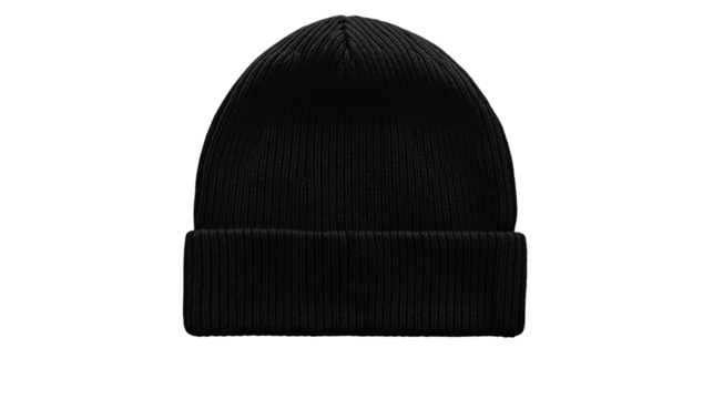 A blank black beanie hat showcased isolated on white background , transparent png 