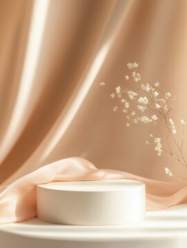 Vanilla Cream Beige Concept. Minimalist display with a circular product and delicate flowers on fabric.