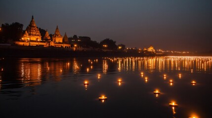 Obraz premium Oil lamps drifting on ganges river during dev deepawali, luminous temples of varanasi creating spiritual backdrop