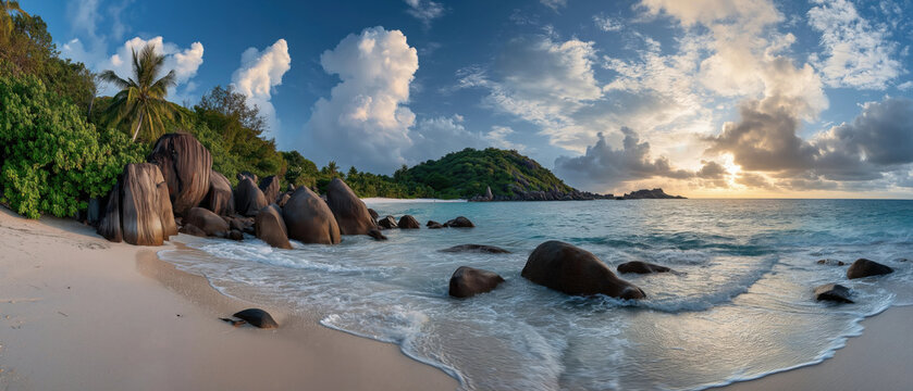 Scenic view of stunning tropical beach with palm trees and large rocks along shoreline. Gentle waves lapping against sandy shore under a sky filled with fluffy clouds. - Powered by Adobe