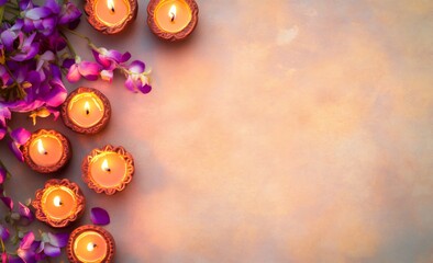 Traditional clay oil lamps illuminating a festive scene with purple orchids, celebrating the spirit of diwali