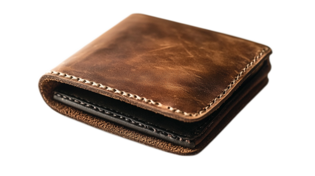 Close-Up of a Handmade Brown Leather Wallet with Detailed Stitching and Unique Texture for Fashion Accessories and Personal Items