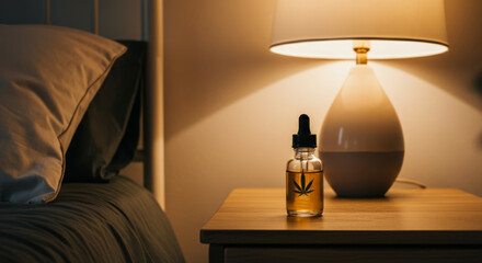 Cbd oil bottle on bedside table next to lamp in cozy bedroom setting