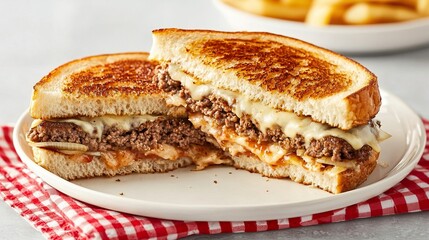 Grilled Cheese Sandwich with Juicy Ground Beef and Melted Cheese on Plate with French Fries
