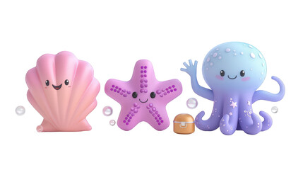 Cute cartoon sea creatures including a shell, starfish, and octopus, smiling and interacting playfully