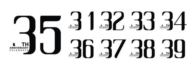 collection of 31st to 39th anniversary logo designs with black numbers on white background