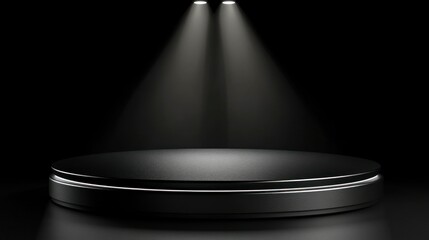 Black circular stage illuminated by spotlights