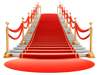 Grand red carpet entrance with stairs and golden posts for events, isolated on transparent background