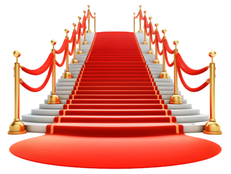 Grand red carpet entrance with stairs and golden posts for events, isolated on transparent background
