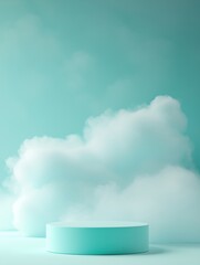 Powder Blue Serenity Concept. A minimalist scene with a teal pedestal and soft clouds.