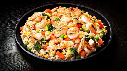 Delicious Shrimp Fried Rice with Colorful Vegetables on a Dark Wooden Background
