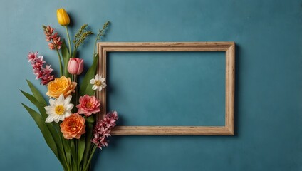 Spring flower frame on blue background copy space flat lay mock up