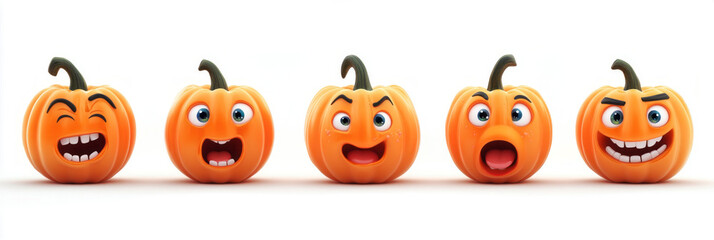Obraz premium A vibrant set of 3D pumpkin characters with cheerful faces, expressing various emotions, isolated against a white background, great for seasonal or children projects, banner