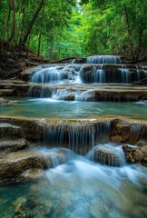 Serene Multi-Tiered Waterfall Cascading Over Natural Stone Steps Surrounded by Lush Green Forest in Peaceful Natural Setting