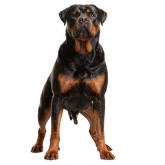 Obraz premium Majestic Rottweiler with glossy black and tan coat exuding strength and confidence against a white backdrop
