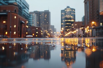 Obraz premium a city street with raindrops on the pavement, reflecting the lights and buildings at dusk. The background is blurred