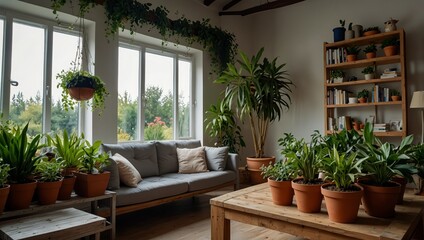 Fototapeta premium Stylish composition of home garden interior filled a lot of beautiful plants