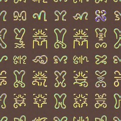 Abstract Geometric Pattern: A seamless pattern featuring iridescent, stylized symbols reminiscent of ancient writing or tribal art. The design is intricate and visually captivating.