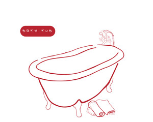 Hand-drawn sketch of old-fashioned bathtub on a white background. Bathroom appliances. Bathroom equipment