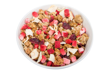 Bowl of muesli with dried fruit isolated on white background