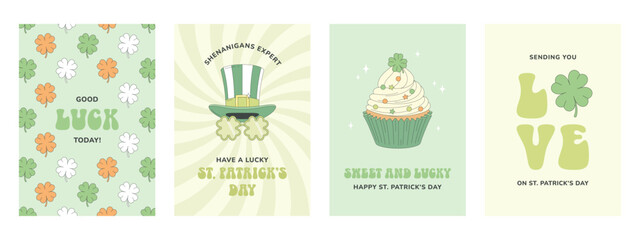 Set of St. Patrick's Day holiday cards. Leprechaun hat, shamrock party glasses, sweet cupcake with fourleaf clover, good luck wishes. Groovy retro style.
