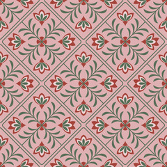 Seamless pattern of  floral tiles in pink, red  and green colours. 