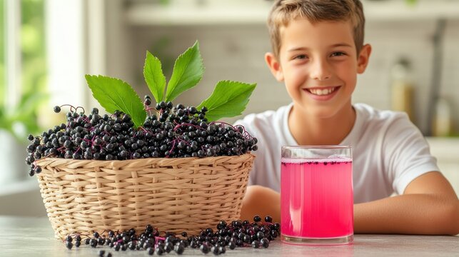 Boy smiles at elderberry juice in kitchen