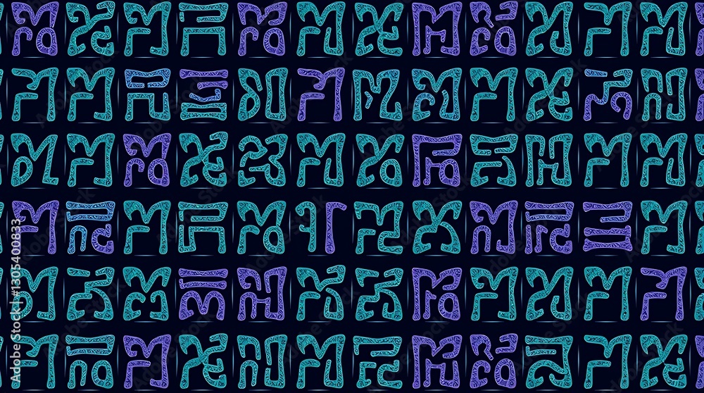 Poster abstract geometric pattern: a seamless repeat pattern of stylized teal and purple symbols against a 
